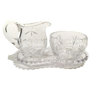 Vintage Carved Crystal Creamer Sugar Bowl and Tray Set Stars Flower Glassware